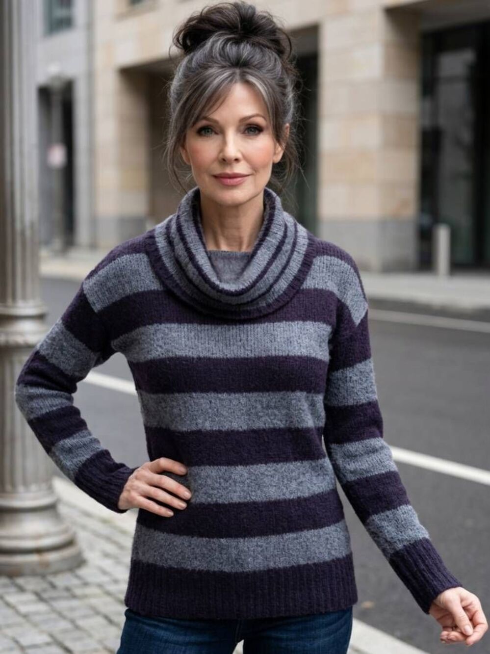 🍑Loft Black & Gray Striped Mohair Blend Cowl Neck Sweater Medium